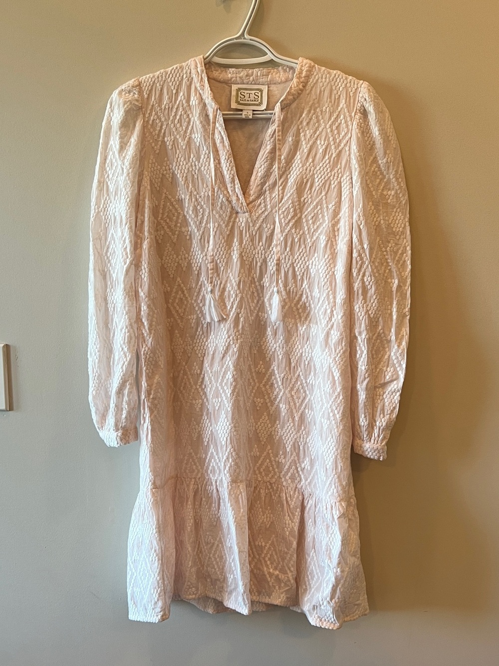 Sail to Sable Light Pink Embroidered V-Neck Long Sleeve Dress